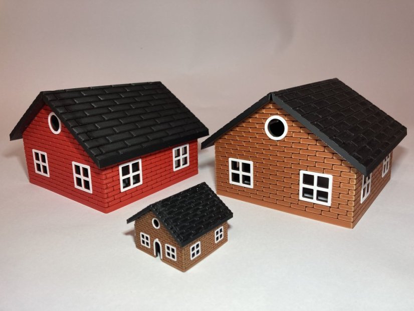 Domečky - různé druhy a velikosti - Typ domečku: chaloupka 138x138 mm - ROSTOUCÍ (s 1x vrata šíře 48 mm + čelo s 90 mm průchodem pro DIY)