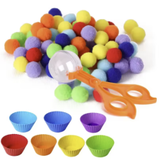 Třídění barevných pompomů - set